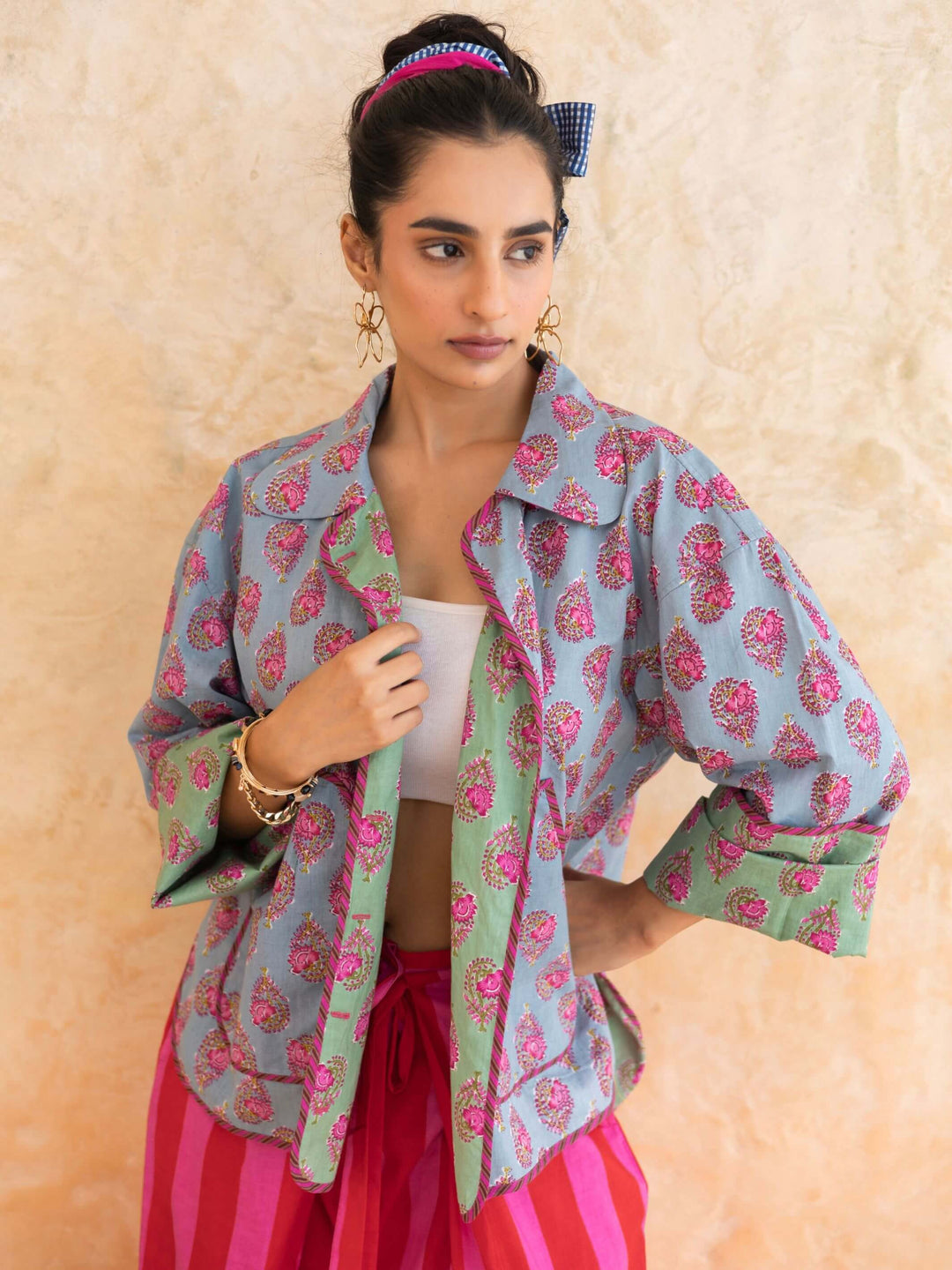 Aquella Set : Cotton Co-ord Set for Women in Dusty Blue | Floral Booti Jacket & Striped 2-Piece Summer Outfit