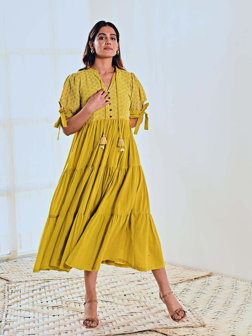 Lemon Cotton Embroidered Maxi Long Dress  MoonTara