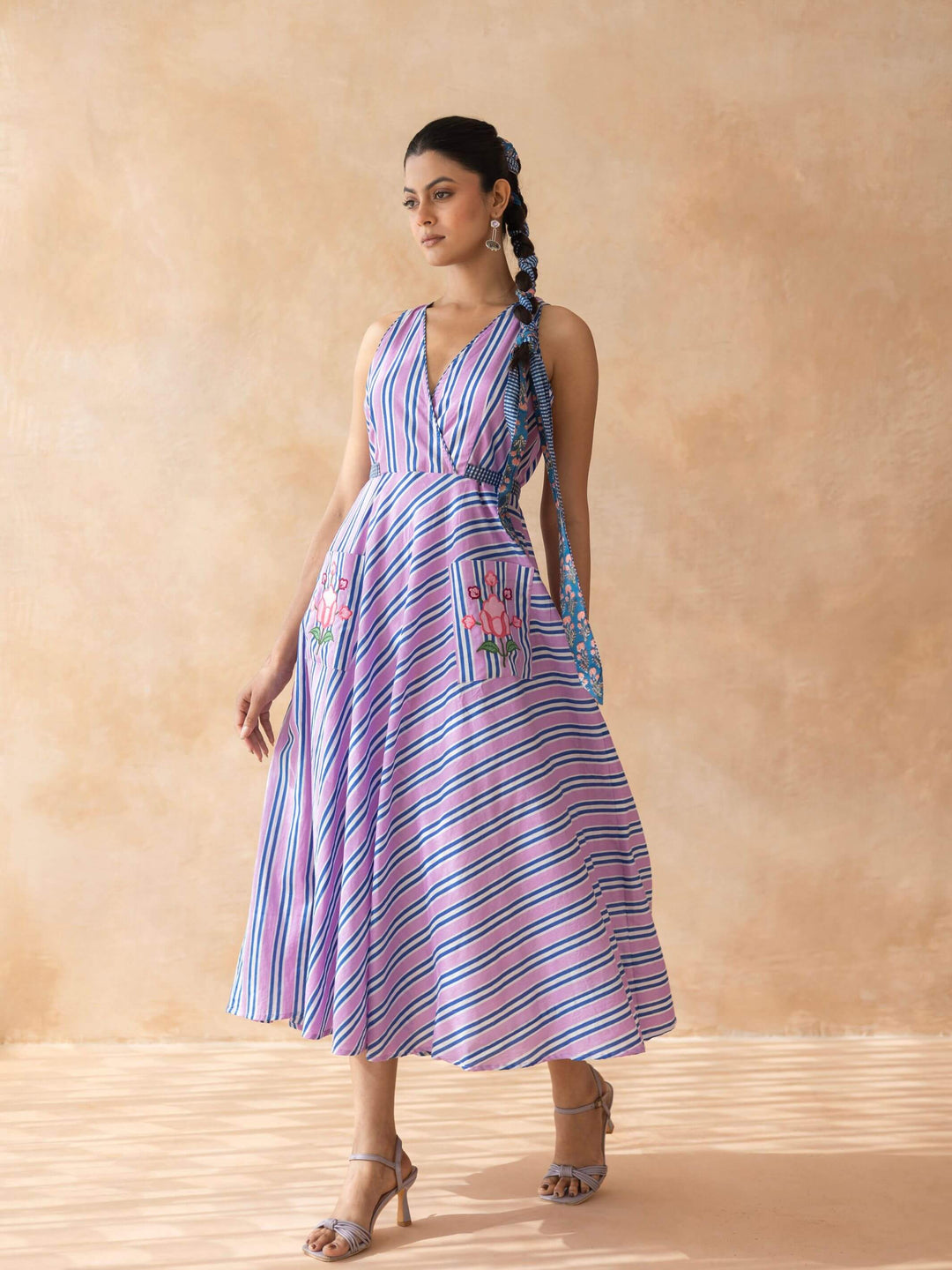 Lileth : Cotton Midi Dress for Women in Lilac & Blue | Striped Dress with Pockets
