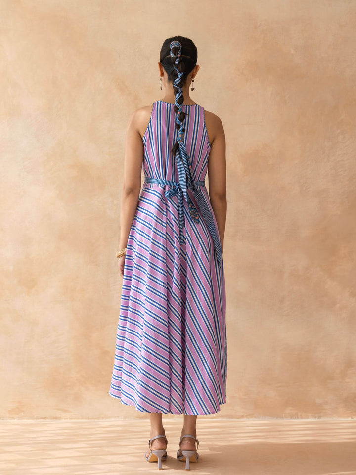 Lileth : Cotton Midi Dress for Women in Lilac & Blue | Striped Dress with Pockets
