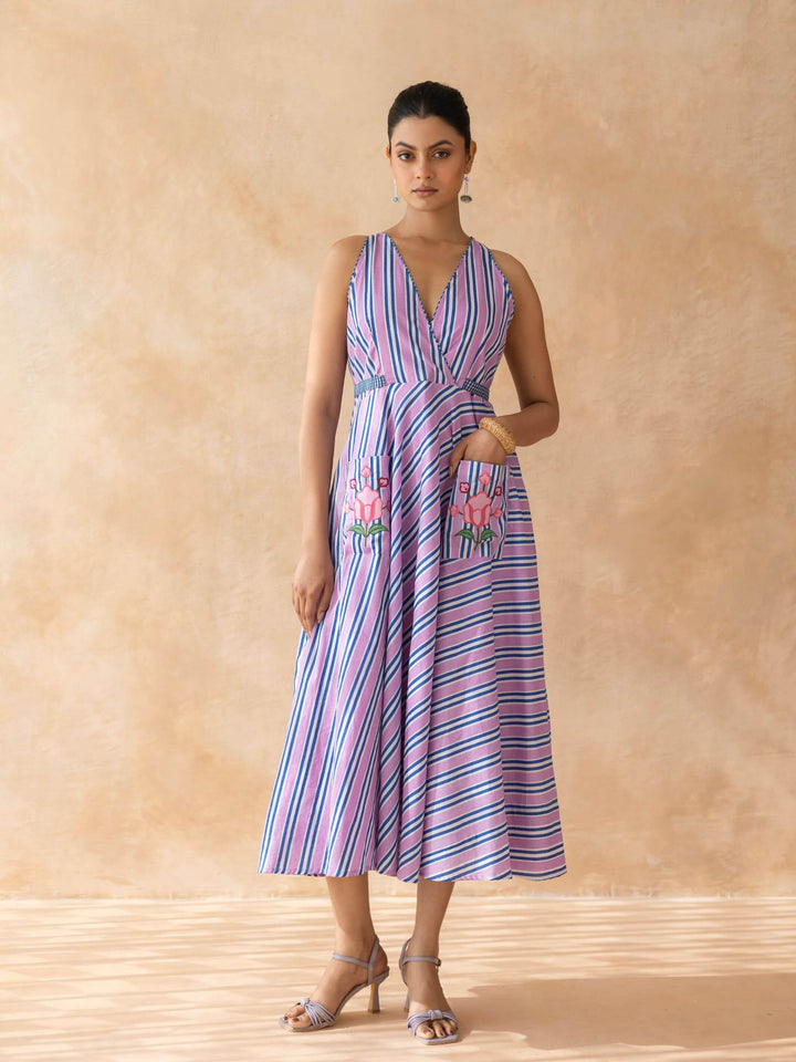 Lileth : Cotton Midi Dress for Women in Lilac & Blue | Striped Dress with Pockets
