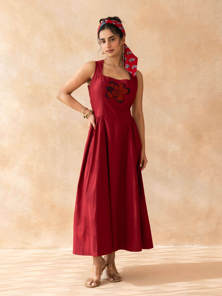 Ruby : Cotton Midi Dress for Women in Maroon | Sleeveless Embroidered Summer Dress