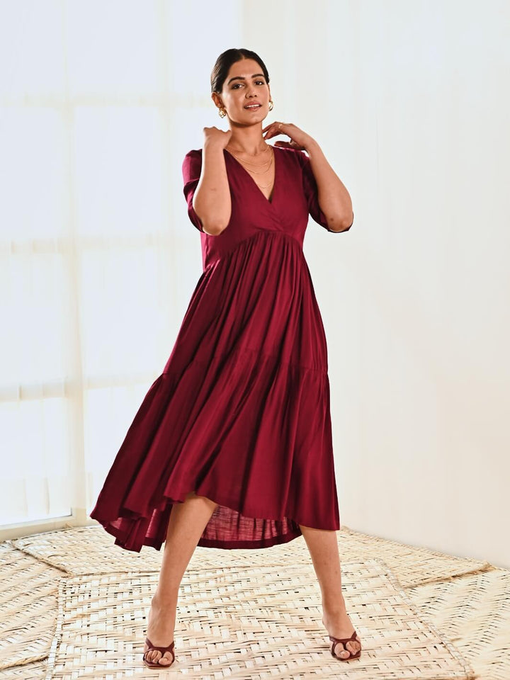 Maroon Cotton V neck Maxi Long Dress – MoonTara