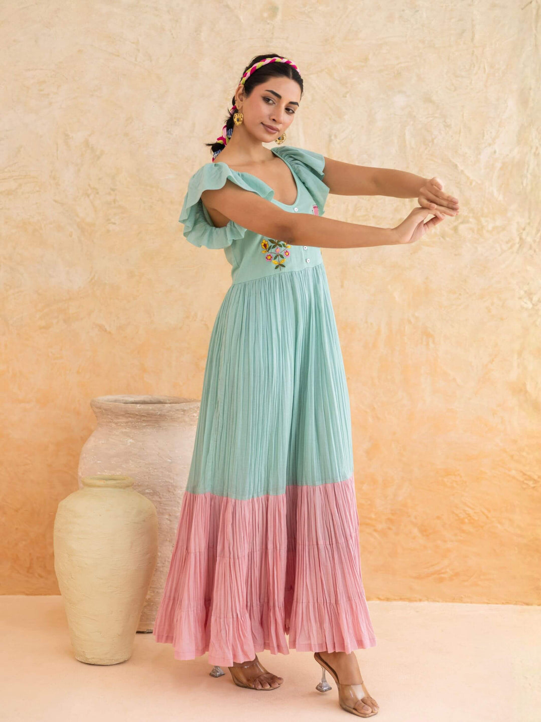 Rosie : Cotton Voile Maxi Dress for Women in Mint Green | Embroidered Tiered Summer Dress