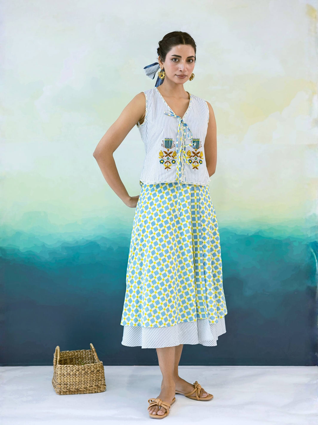 Ash Set : Blue Yellow Checked Cotton Skirt Set for Women with Embroidered Tie-Up Top - 2Pc Set