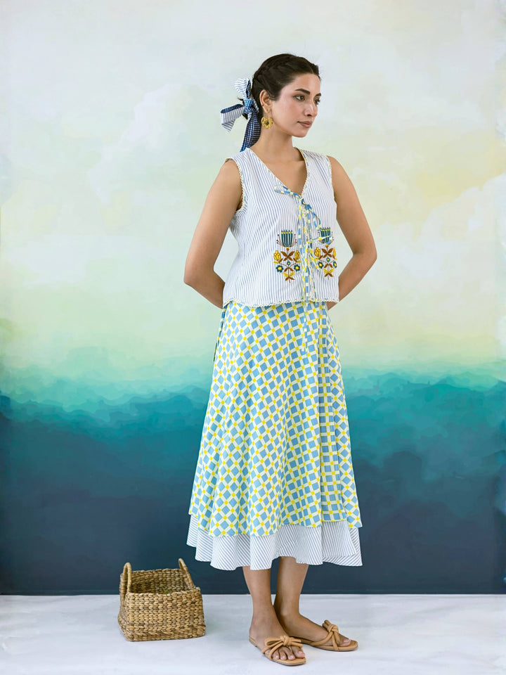 Ash Set : Blue Yellow Checked Cotton Skirt Set for Women with Embroidered Tie-Up Top - 2Pc Set