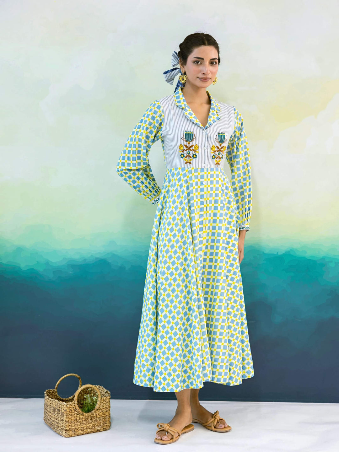 Marigold : Cotton Midi Dress for Women in Powder Blue & Yellow | Checked Shirt Dress with Embroidered Yoke