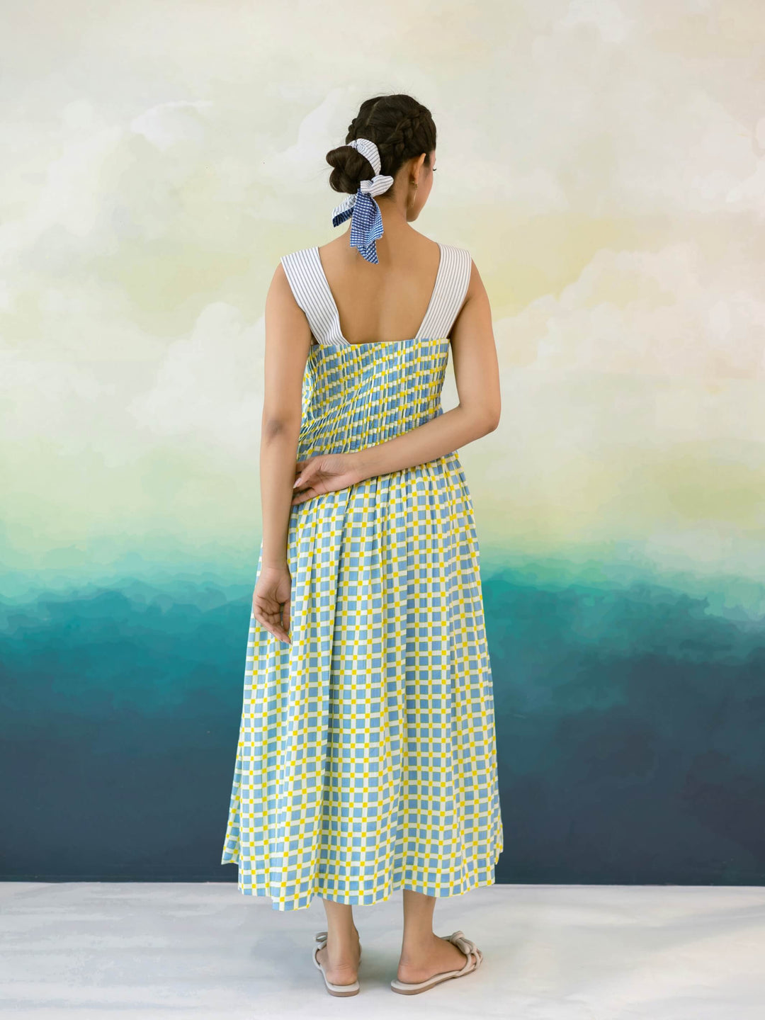 Bluebell : Cotton Midi Dress for Women in Blue & Yellow | Pintuck Bodice and Embroidered Strap Summer Dress