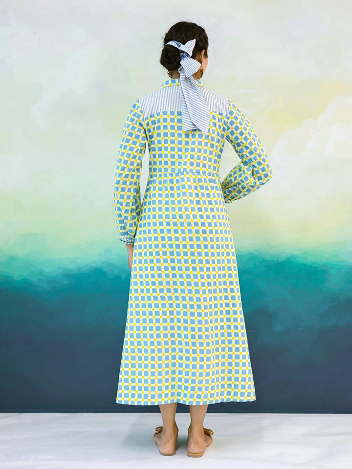 Marigold : Cotton Midi Dress for Women in Powder Blue & Yellow | Checked Shirt Dress with Embroidered Yoke