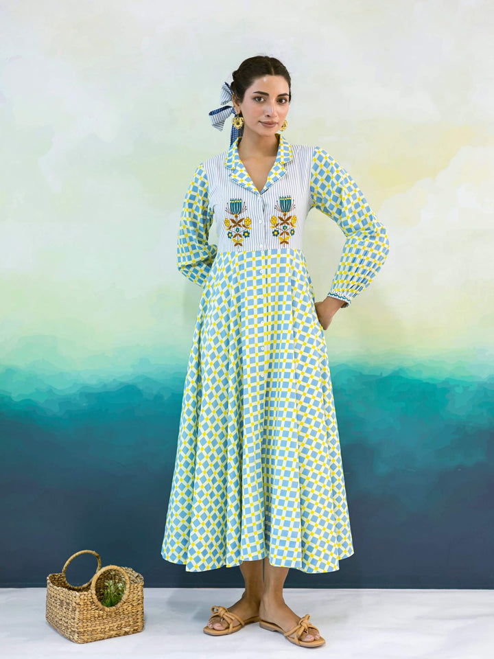 Marigold : Cotton Midi Dress for Women in Powder Blue & Yellow | Checked Shirt Dress with Embroidered Yoke