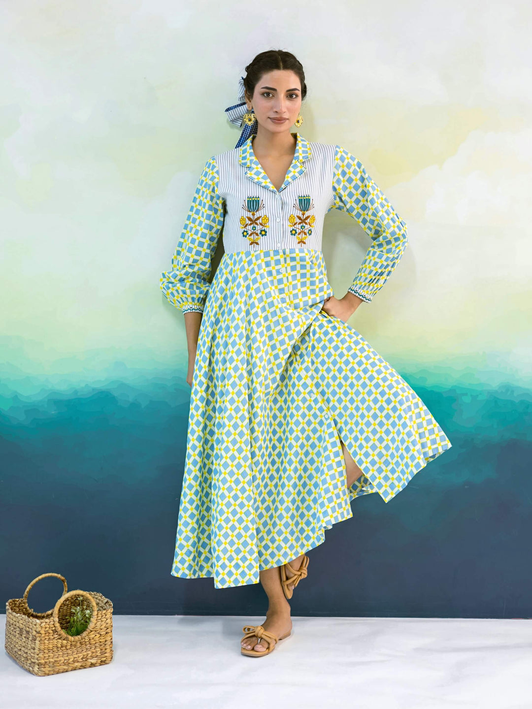Marigold : Cotton Midi Dress for Women in Powder Blue & Yellow | Checked Shirt Dress with Embroidered Yoke