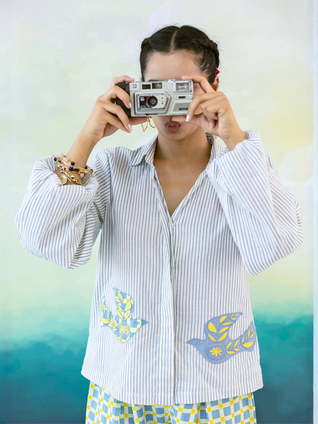 Cassia Set : Cotton Co-ord Set for Women in Grey, Blue & Yellow | Embroidered Shirt and Wide-Leg Trousers - 2 Pc Set