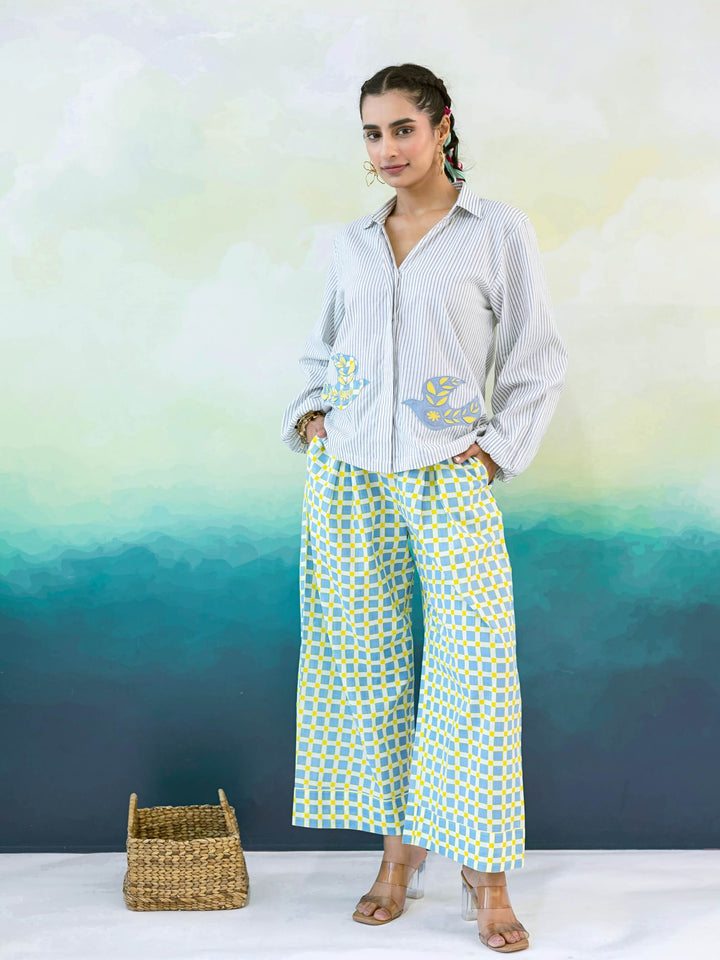 Cassia Set : Cotton Co-ord Set for Women in Grey, Blue & Yellow | Embroidered Shirt and Wide-Leg Trousers - 2 Pc Set