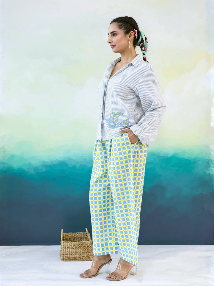 Cassia Set : Cotton Co-ord Set for Women in Grey, Blue & Yellow | Embroidered Shirt and Wide-Leg Trousers - 2 Pc Set