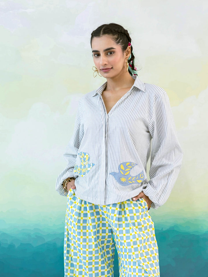 Cassia Set : Cotton Co-ord Set for Women in Grey, Blue & Yellow | Embroidered Shirt and Wide-Leg Trousers - 2 Pc Set