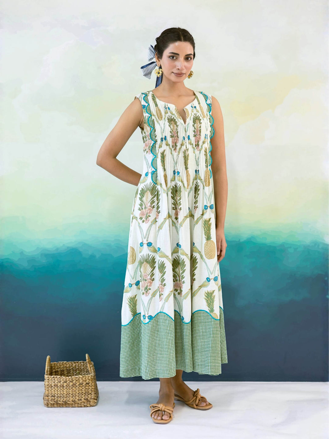 Prune : Cotton Maxi Dress for Women in Ivory & Sage | Tropical Bird Print Dress with Pintuck Detailing