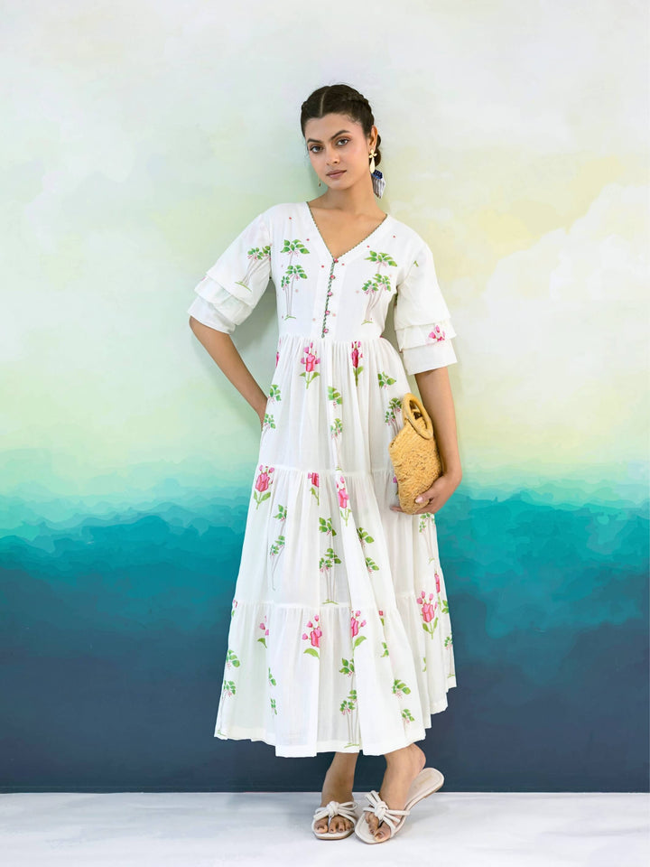 Primrose : Cotton Maxi Dress in Ivory, Pink & Green | Floral Tiered Summer Dress