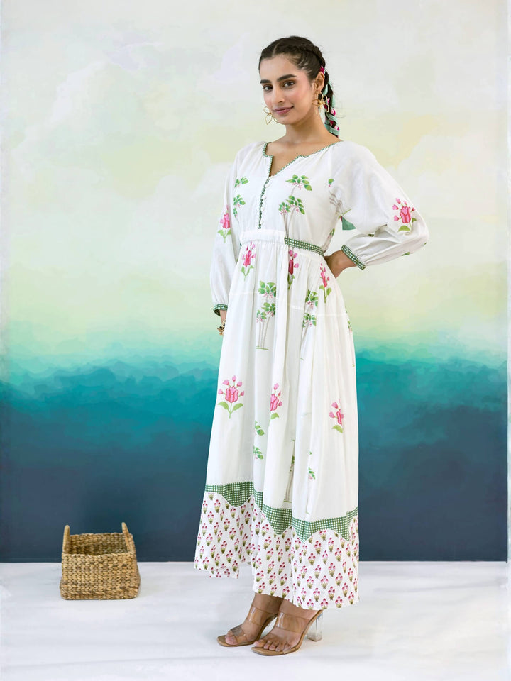 Magnolia : Cotton Maxi Dress for Women in Ivory & Pink | Floral Print Dress with Contrast Border
