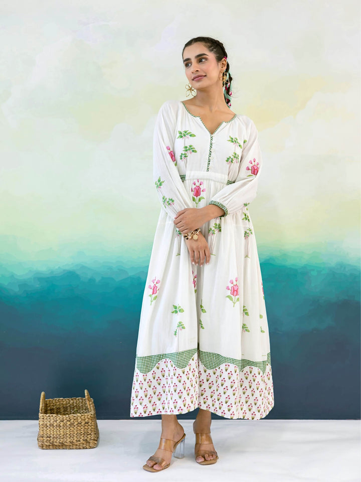 Magnolia : Cotton Maxi Dress for Women in Ivory & Pink | Floral Print Dress with Contrast Border