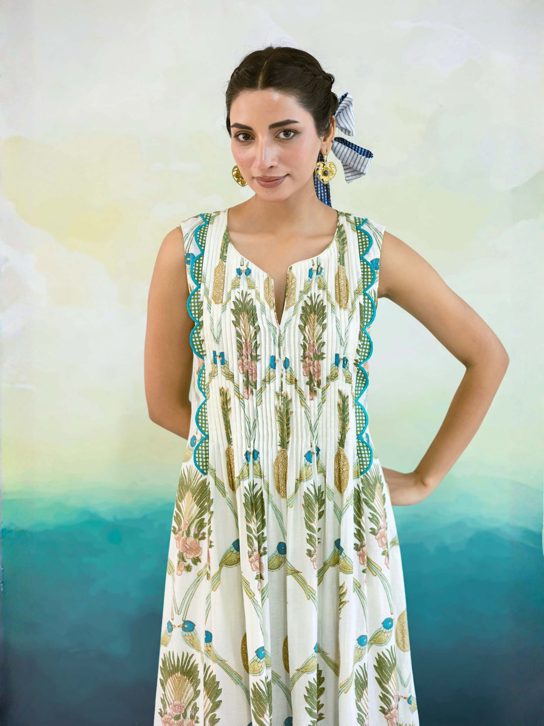 Prune : Cotton Maxi Dress for Women in Ivory & Sage | Tropical Bird Print Dress with Pintuck Detailing