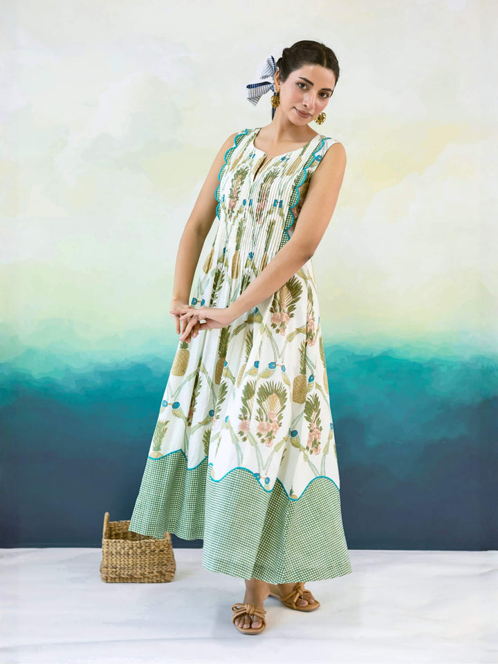 Prune : Cotton Maxi Dress for Women in Ivory & Sage | Tropical Bird Print Dress with Pintuck Detailing