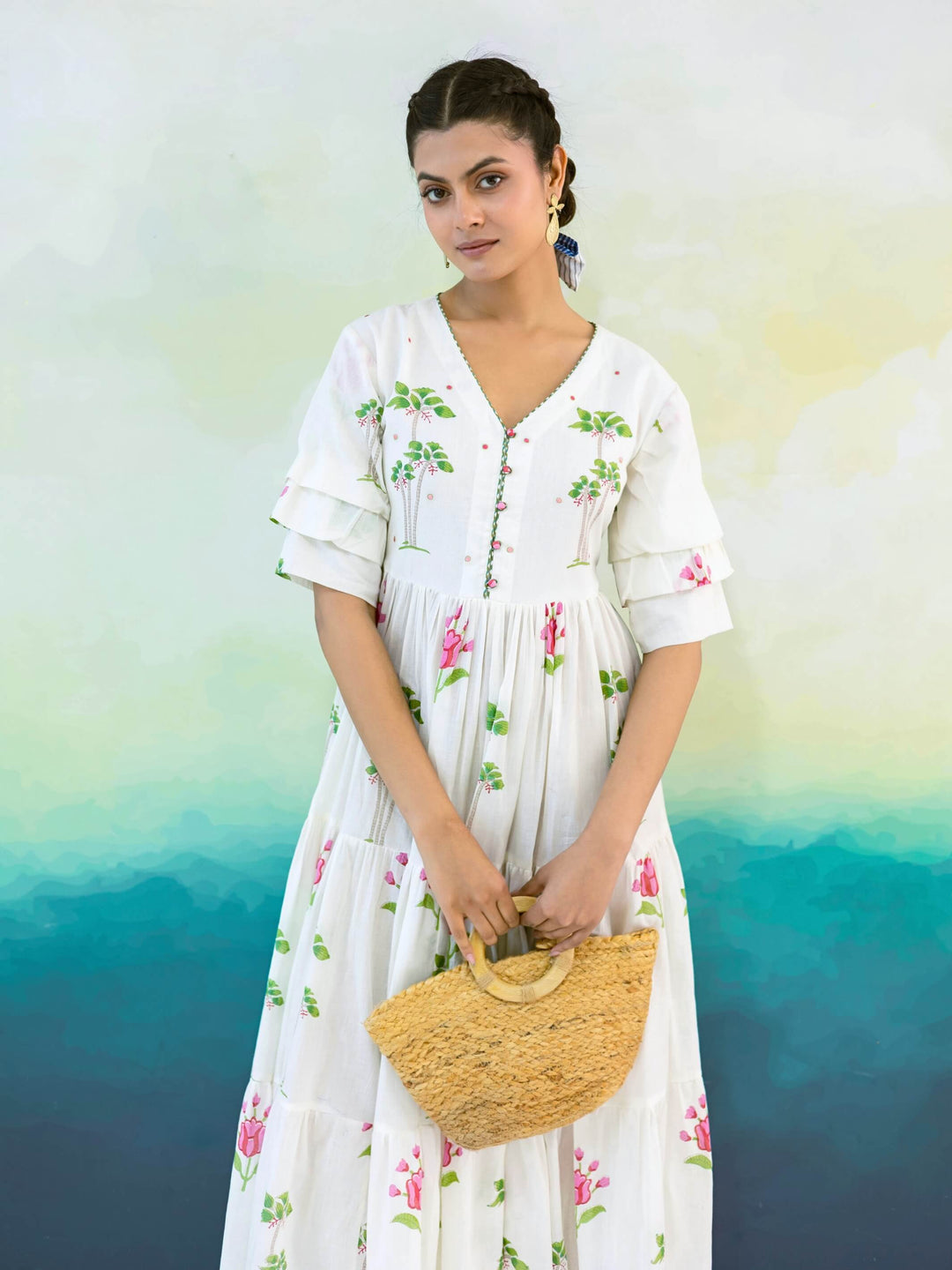 Primrose : Cotton Maxi Dress in Ivory, Pink & Green | Floral Tiered Summer Dress