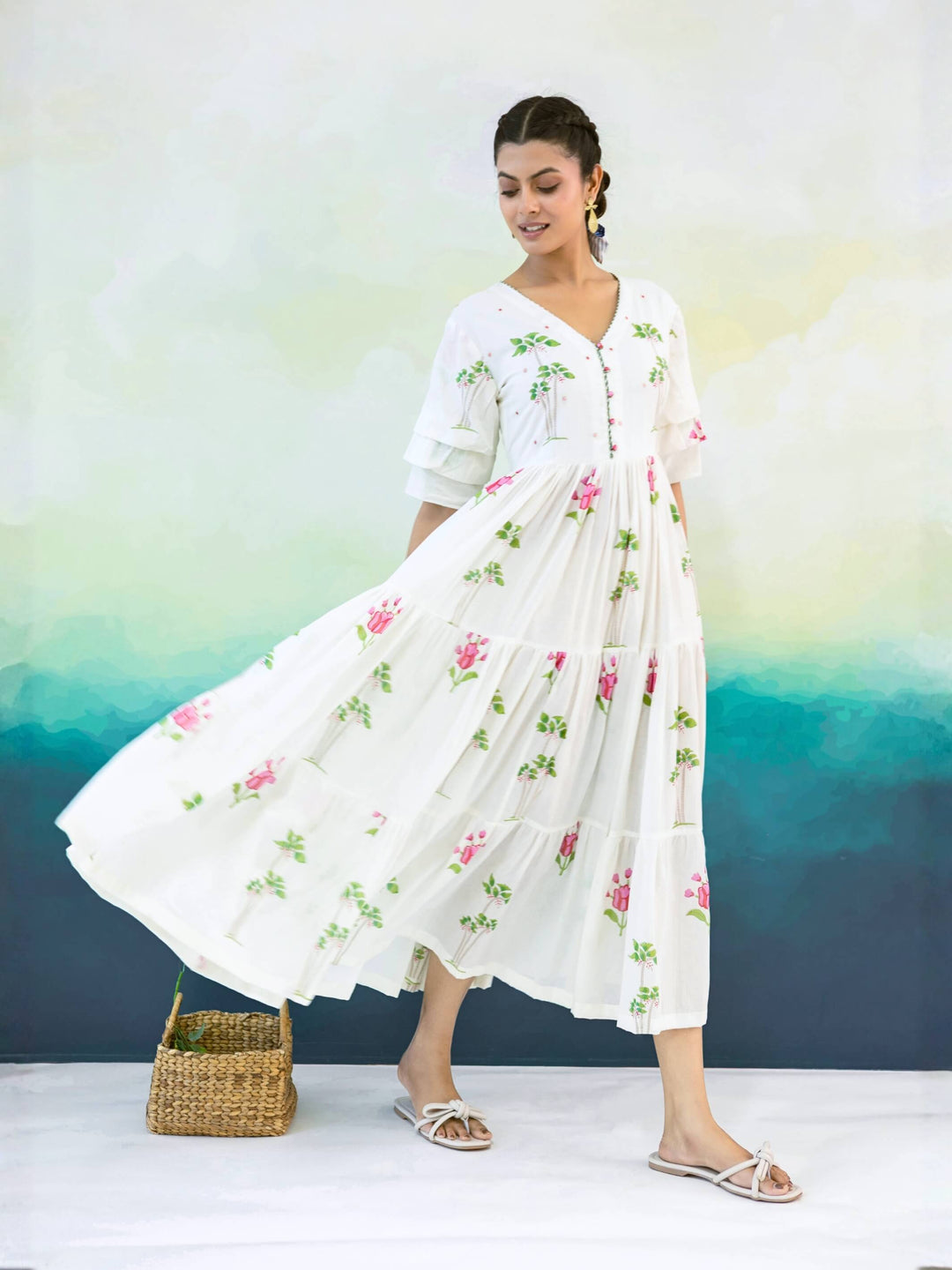 Primrose : Cotton Maxi Dress in Ivory, Pink & Green | Floral Tiered Summer Dress