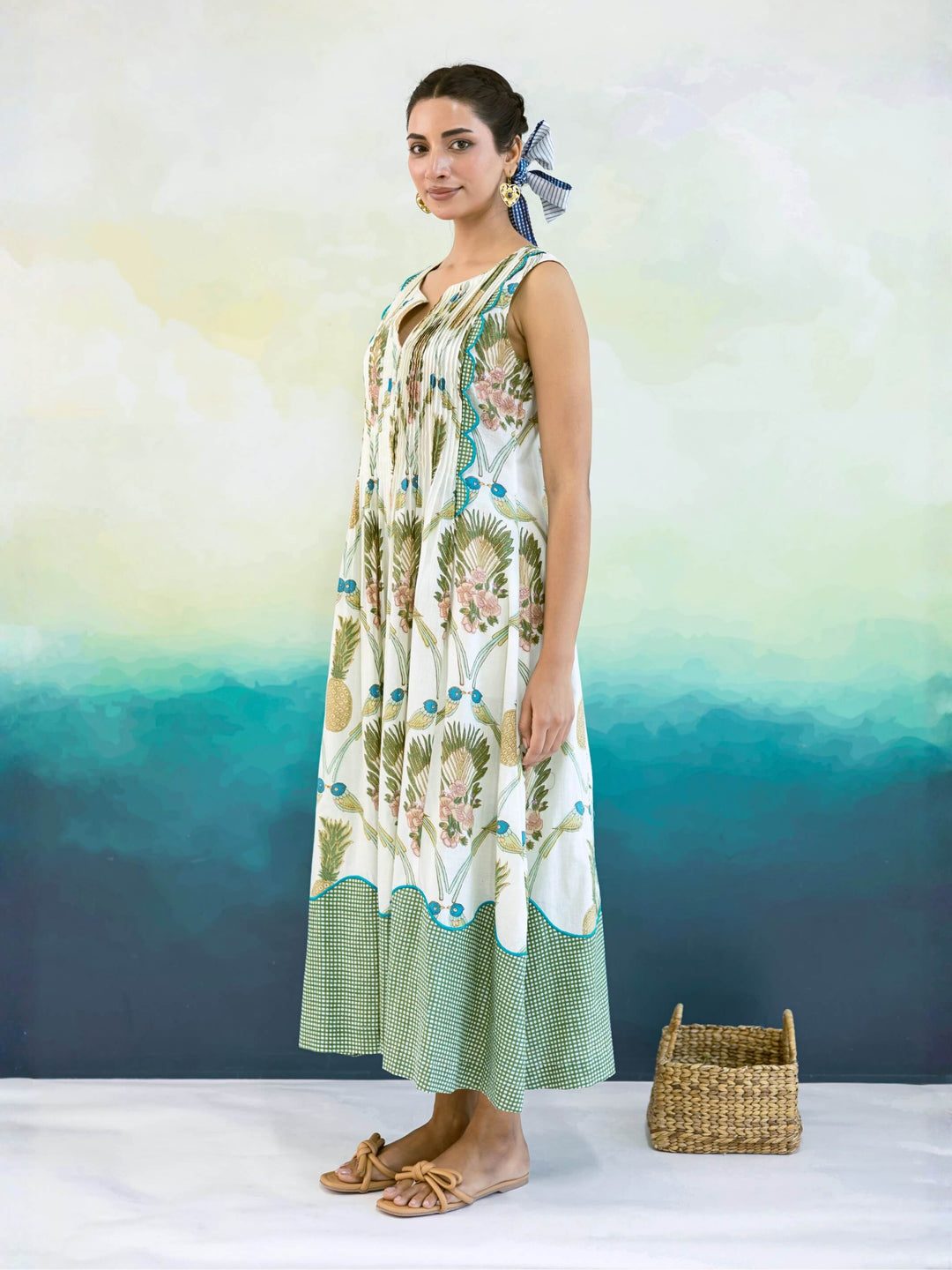 Prune : Cotton Maxi Dress for Women in Ivory & Sage | Tropical Bird Print Dress with Pintuck Detailing