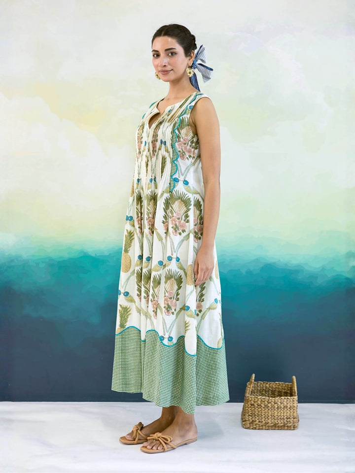 Prune : Cotton Maxi Dress for Women in Ivory & Sage | Tropical Bird Print Dress with Pintuck Detailing
