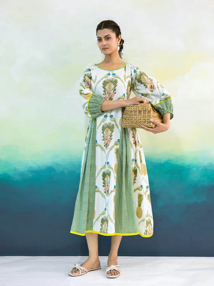 Camellia Dress: Cotton Midi Dress for Women in Ivory & Sage Green | Tropical Print Resort Dress with Contrast Panels