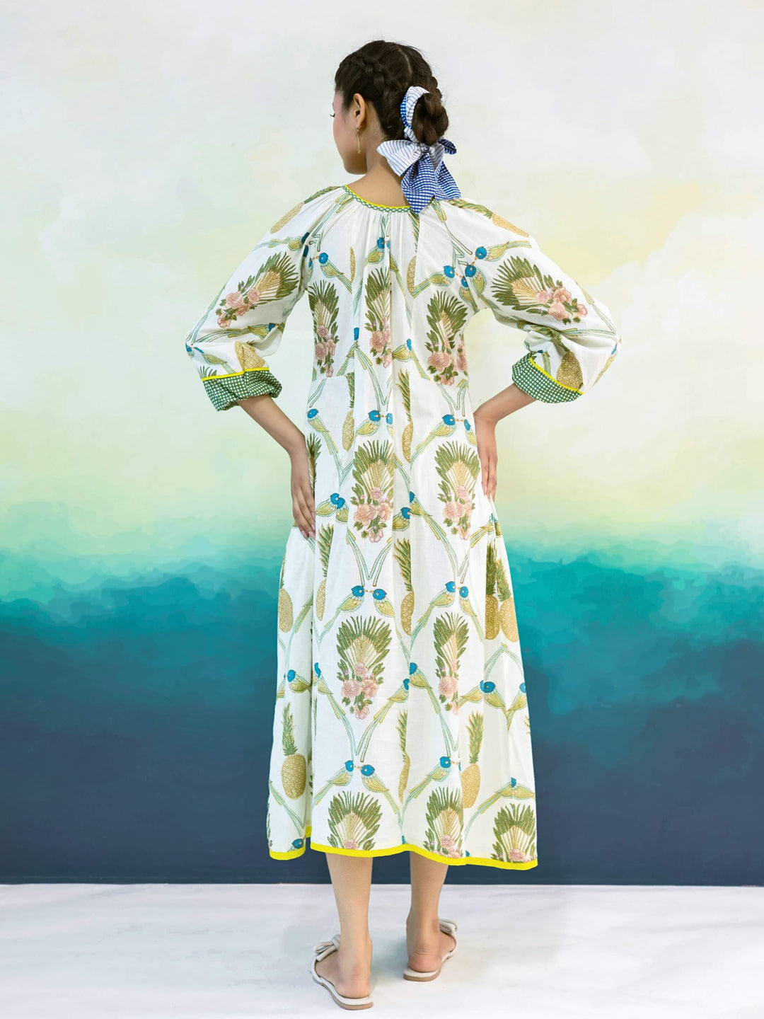 Camellia Dress: Cotton Midi Dress for Women in Ivory & Sage Green | Tropical Print Resort Dress with Contrast Panels