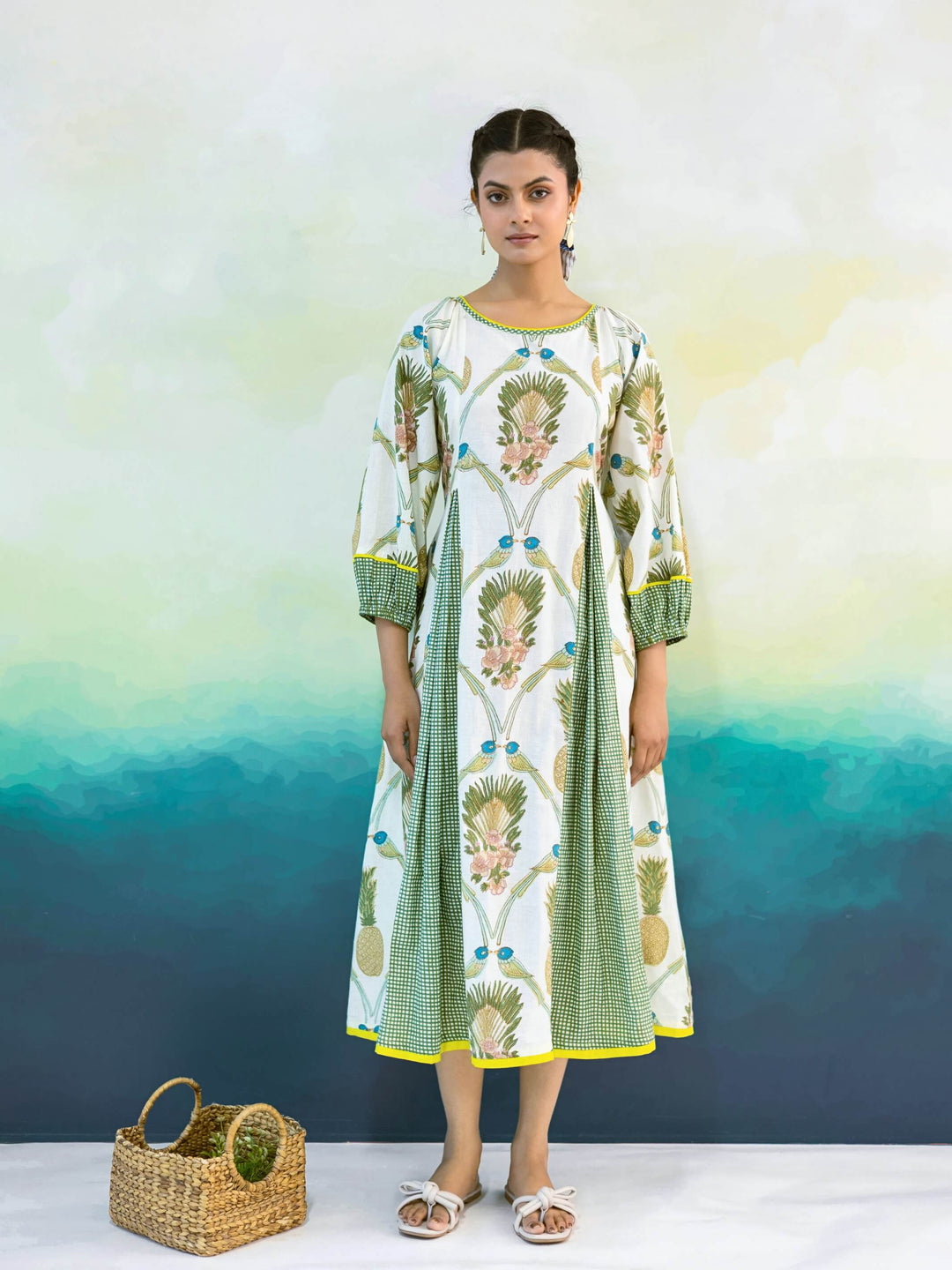 Camellia Dress: Cotton Midi Dress for Women in Ivory & Sage Green | Tropical Print Resort Dress with Contrast Panels