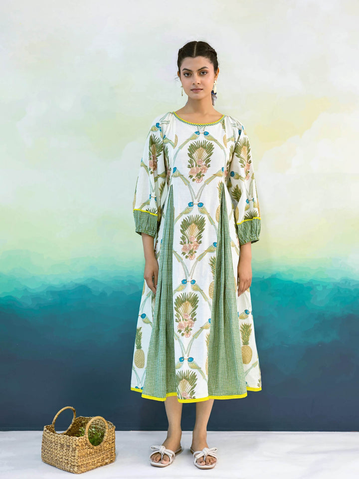 Camellia Dress: Cotton Midi Dress for Women in Ivory & Sage Green | Tropical Print Resort Dress with Contrast Panels