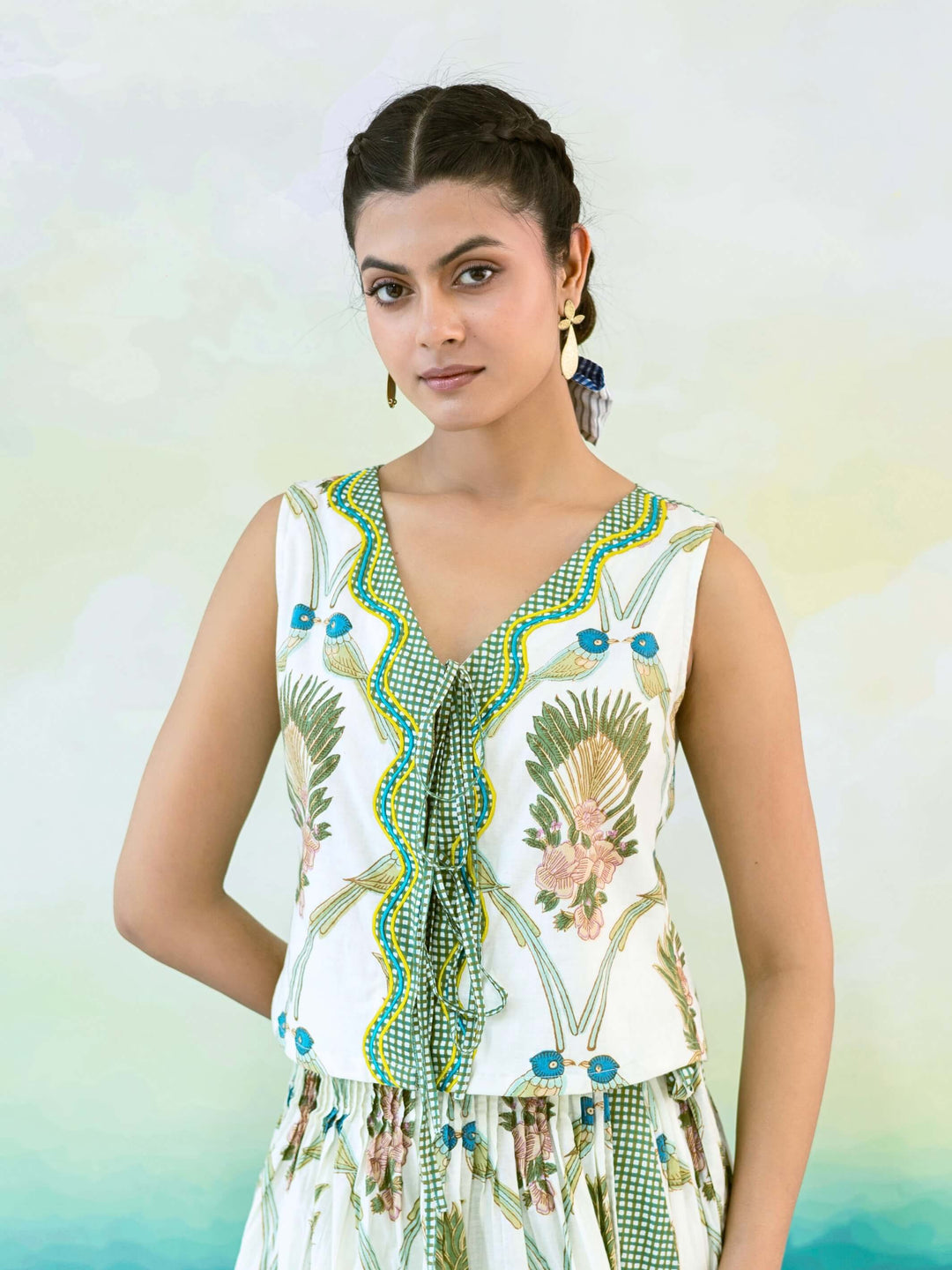 Pineapple Set : Cotton Skirt Set for Women in Ivory, Sage & Blue | Printed Tie-Front Top and Wrap Midi Skirt - 2 Pc Set