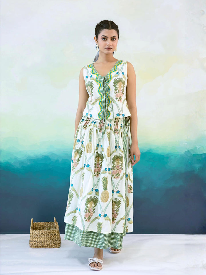 Pineapple Set : Cotton Skirt Set for Women in Ivory, Sage & Blue | Printed Tie-Front Top and Wrap Midi Skirt - 2 Pc Set