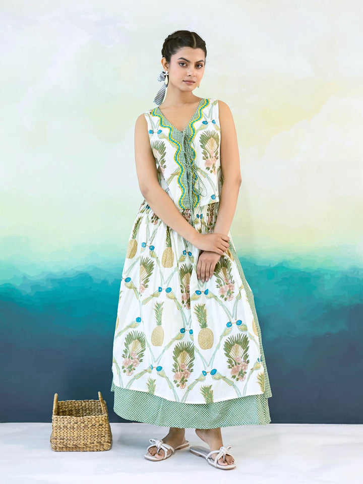 Pineapple Set : Cotton Skirt Set for Women in Ivory, Sage & Blue | Printed Tie-Front Top and Wrap Midi Skirt - 2 Pc Set