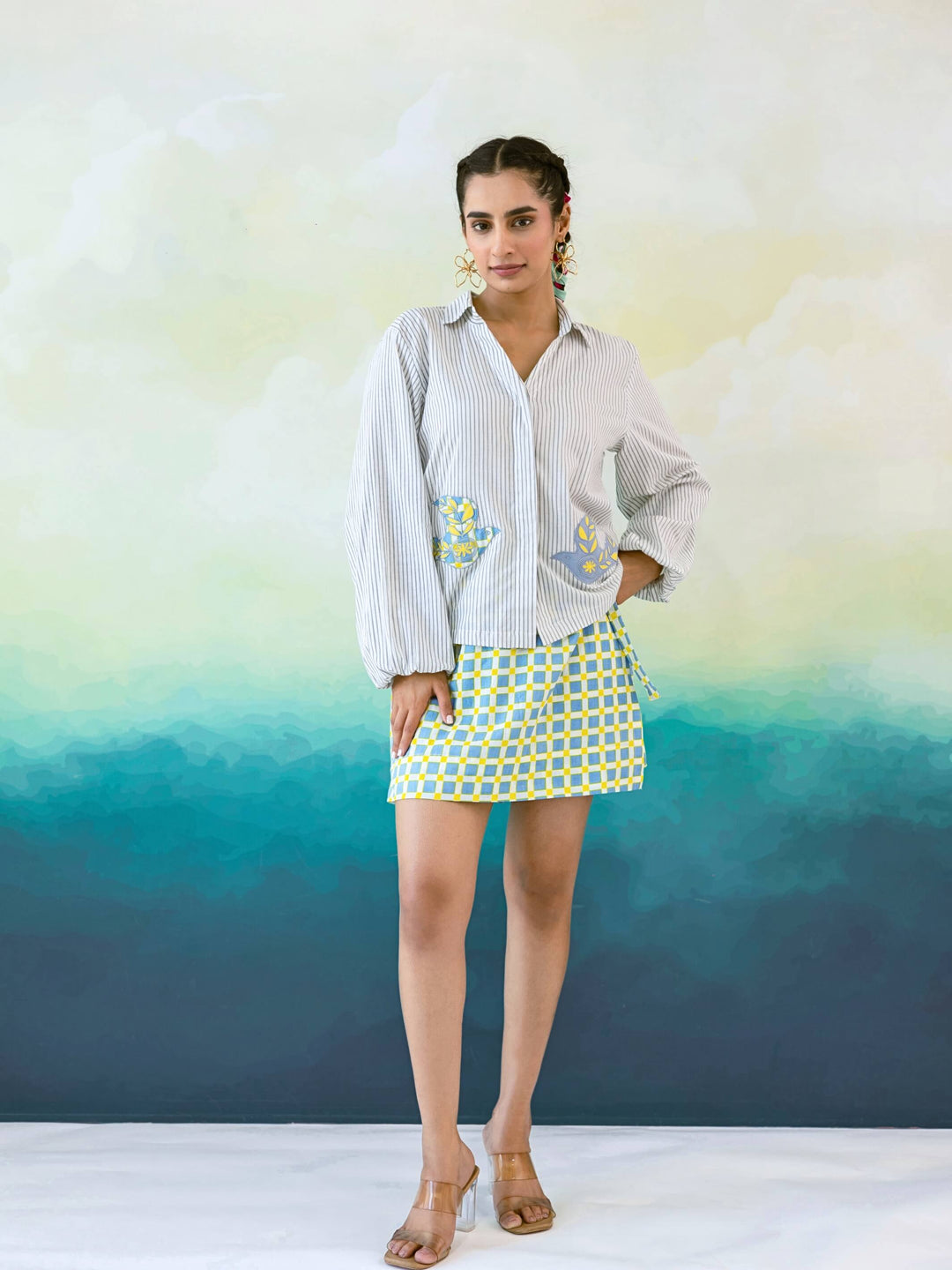 Blue Bird Set : Cotton Co-ord Set for Women in Grey & Blue | Embroidered Shirt & Check Mini Skirt 2-Piece Summer Outfit