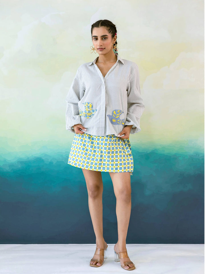 Blue Bird Set : Cotton Co-ord Set for Women in Grey & Blue | Embroidered Shirt & Check Mini Skirt 2-Piece Summer Outfit