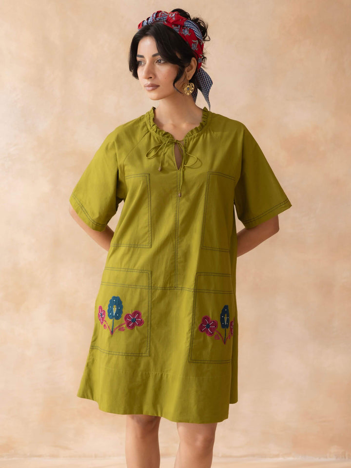 Olley : Dark Olive  Cotton Knee-Length Dress with Embroidered Pockets