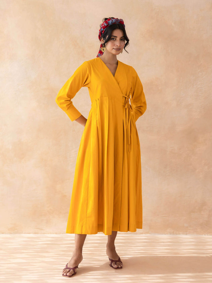 Clementia : Cotton Wrap Midi Dress fo in Orange | Casual Summer Dress