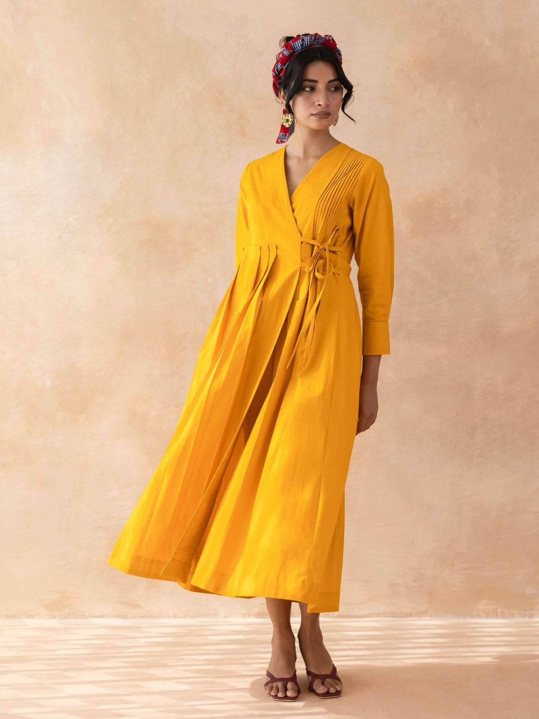 Clementia : Cotton Wrap Midi Dress fo in Orange | Casual Summer Dress