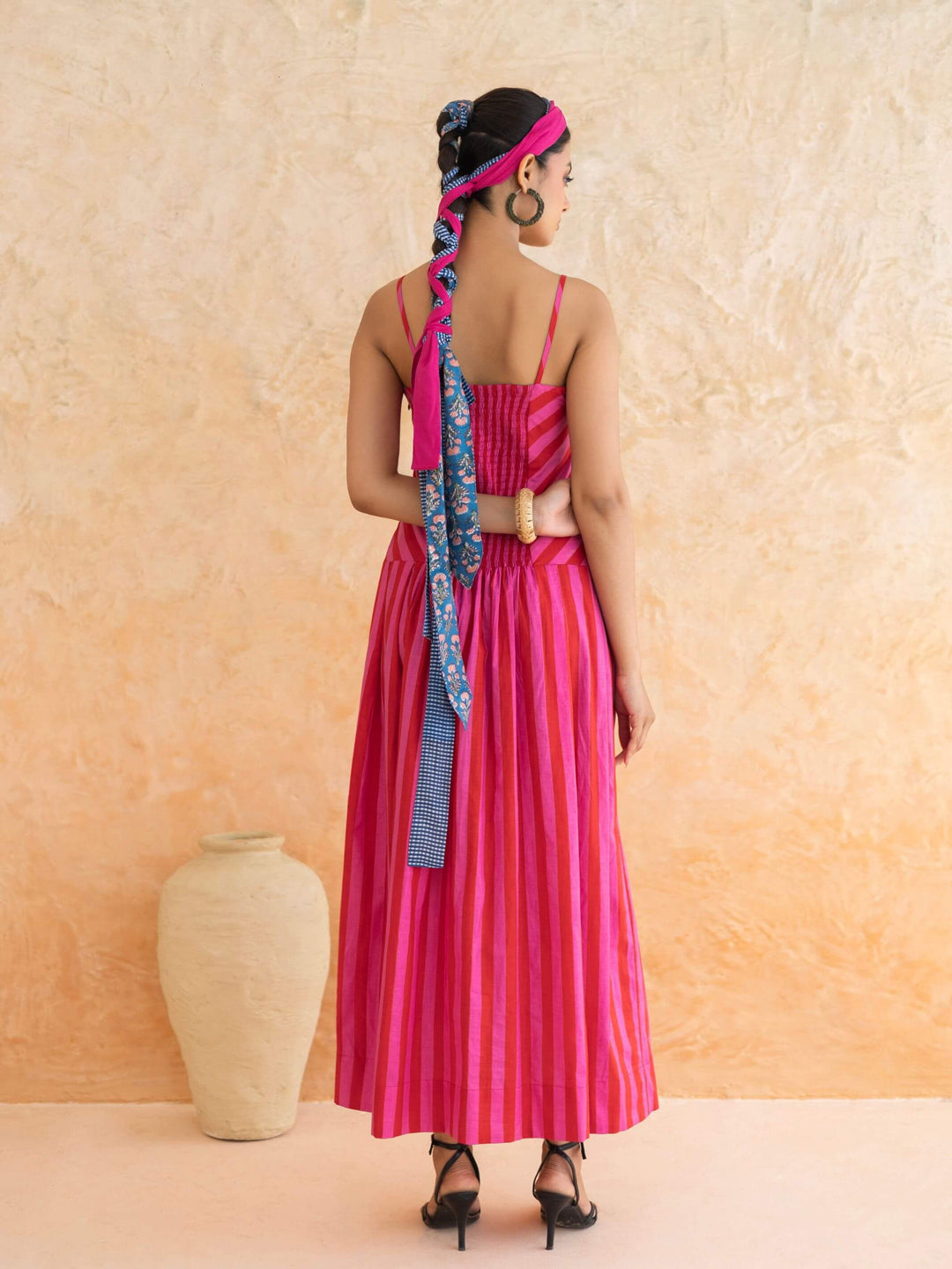 Scarlett : Cotton Maxi Dress for Women in Pink & Red | Striped Summer Dress