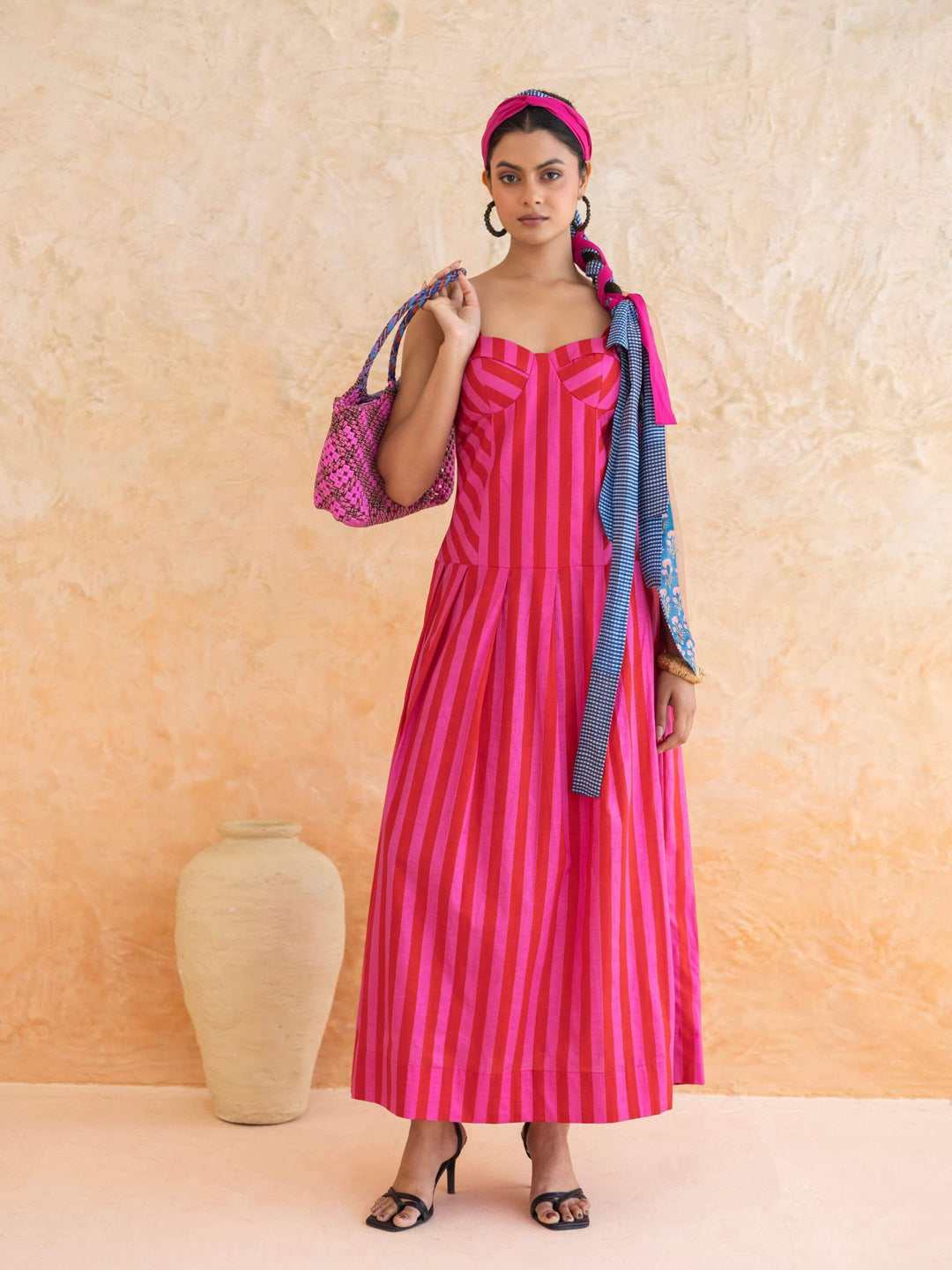 Scarlett : Cotton Maxi Dress for Women in Pink & Red | Striped Summer Dress