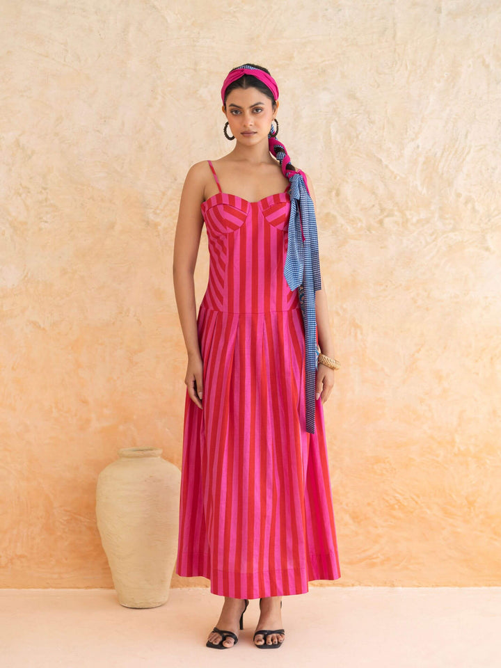 Scarlett : Cotton Maxi Dress for Women in Pink & Red | Striped Summer Dress