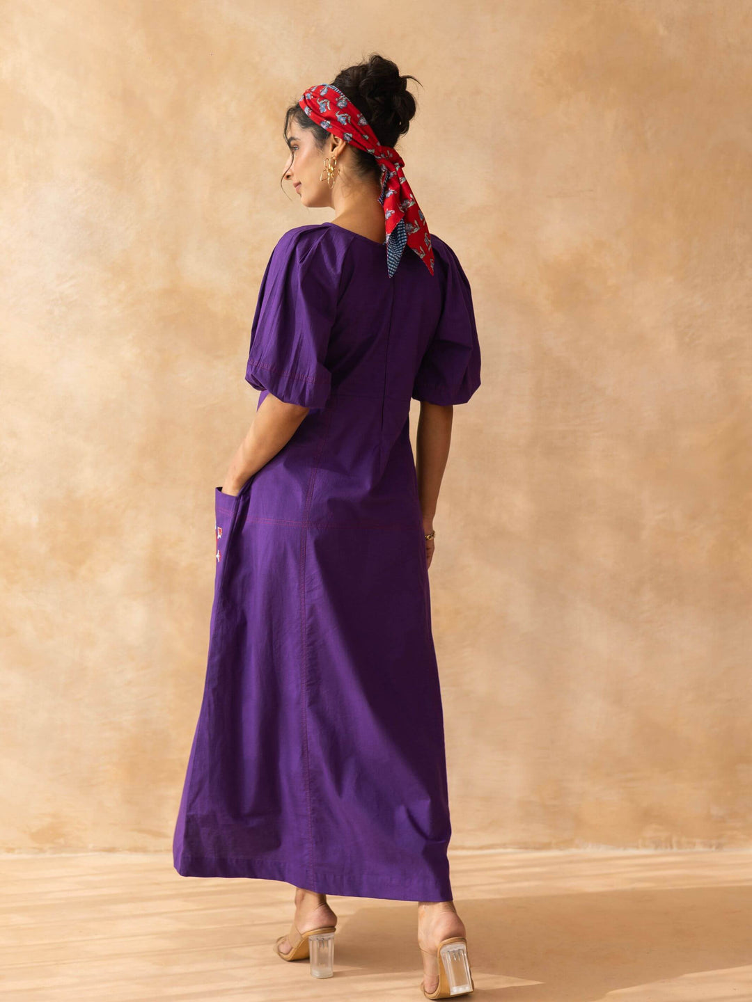 Peora : Purple Cotton Midi Dress with Embroidered Pockets