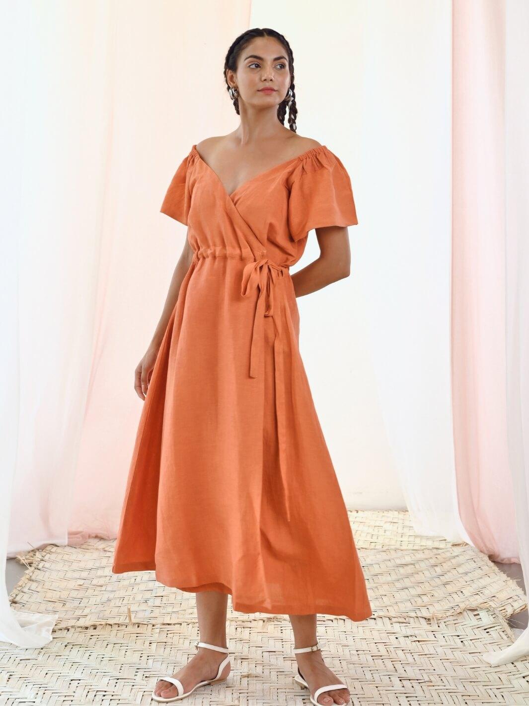 orange linen wrap dress Linen Wrap Dress: Burnt Orange Midi, Short Sleeve V-neck