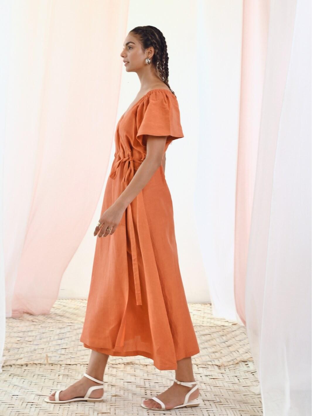 orange linen wrap dress Linen Wrap Dress with Midi Silhouette