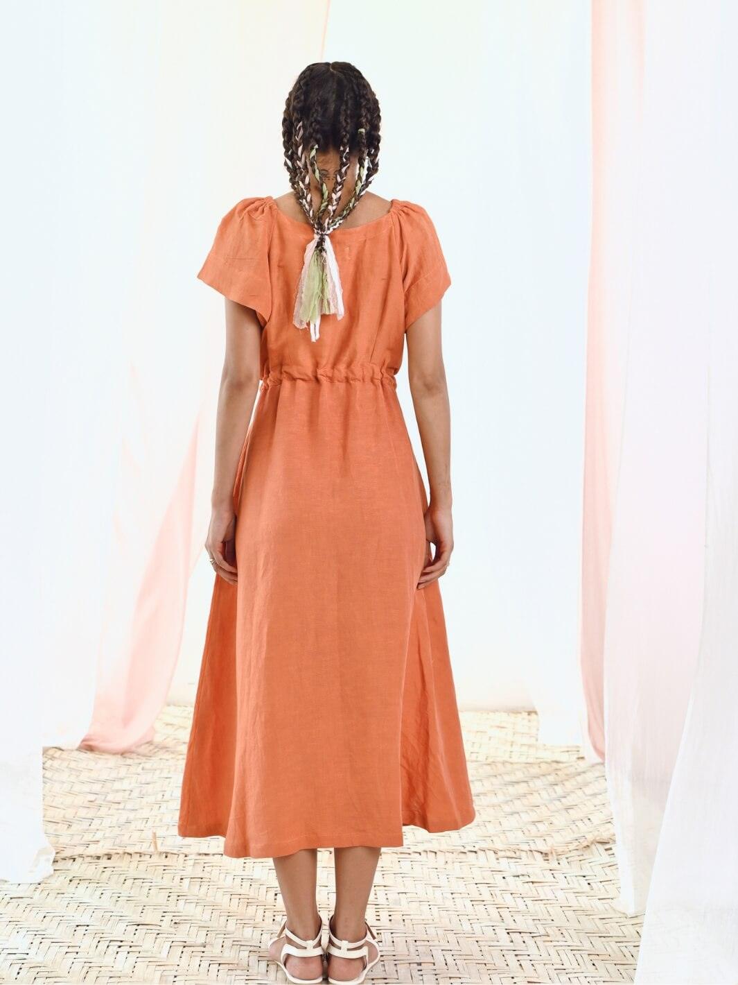 chinese dress ladies Rust Orange Linen Wrap Dress with Short Sleeves MoonTara chinese dress ladies Rust Orange Linen Wrap Dress with Short Sleeves MoonTara