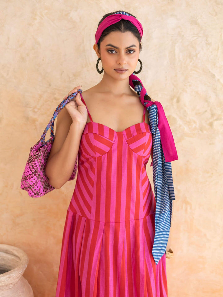 Scarlett : Cotton Maxi Dress for Women in Pink & Red | Striped Summer Dress