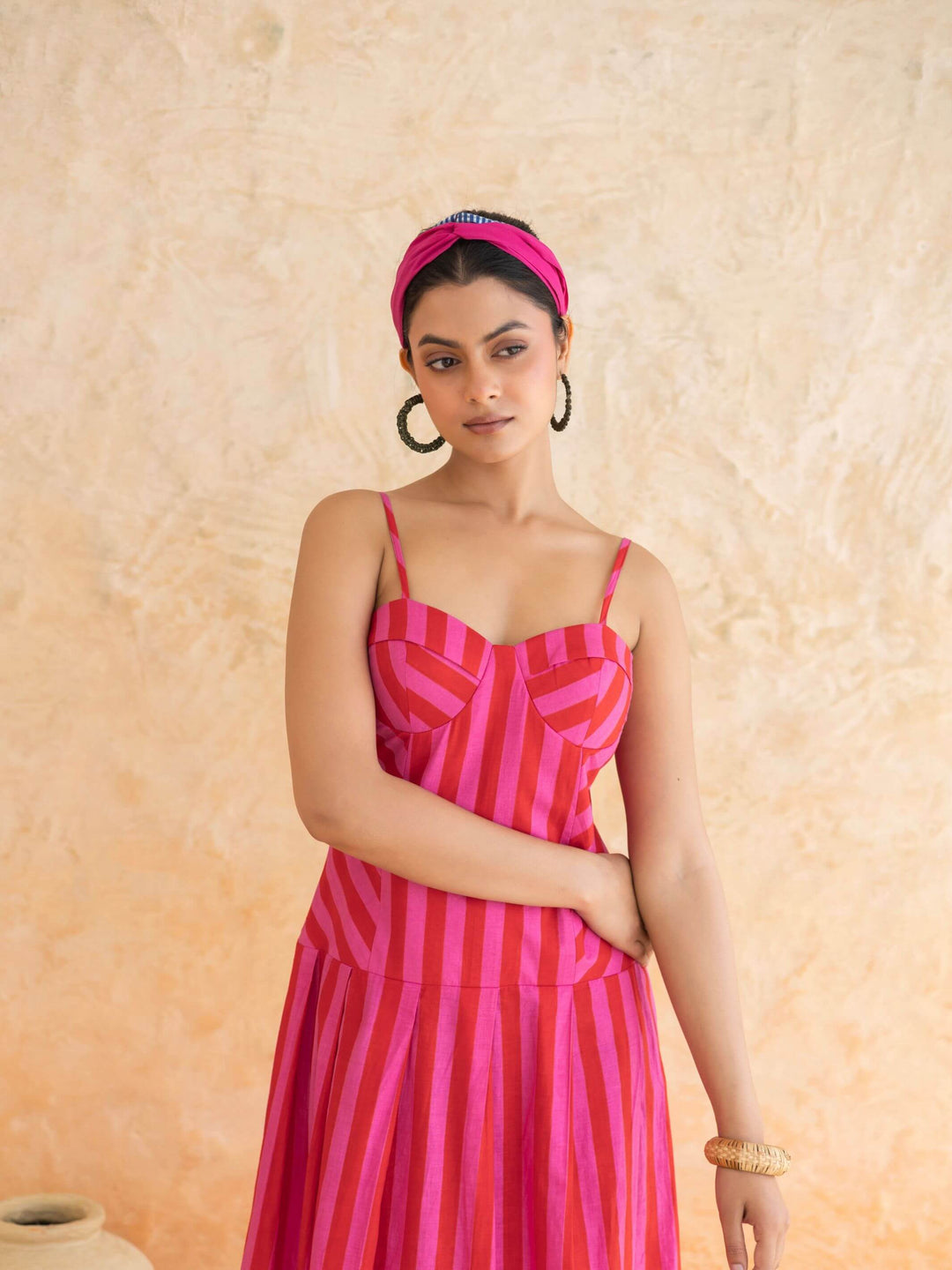 Scarlett : Cotton Maxi Dress for Women in Pink & Red | Striped Summer Dress